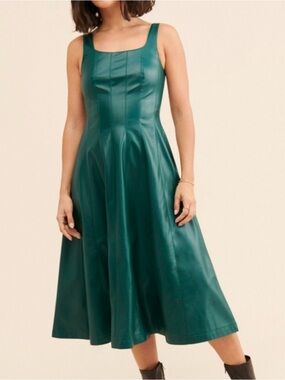 Avec Les Filles Dark Green Vegan Leather Fit and Flare Midi Dress Size L